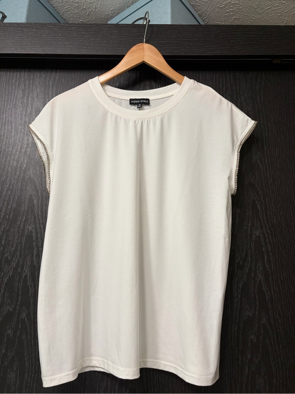Modern Works White Cap-Sleeve Tee with Beaded Trim